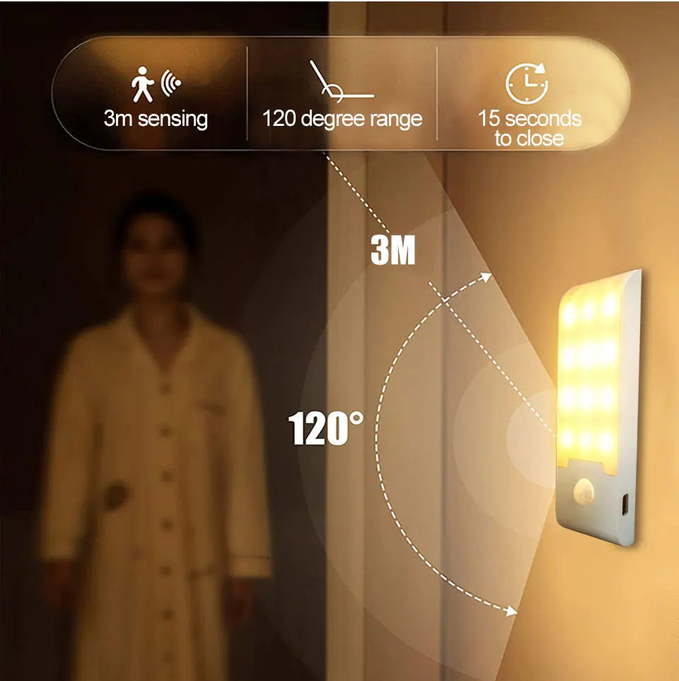 12LED Night Light Motion Sensor Rechargeable USB LED Lamp for Corridor Bathroom Closet Kitchen Under Cabinet High Brightness