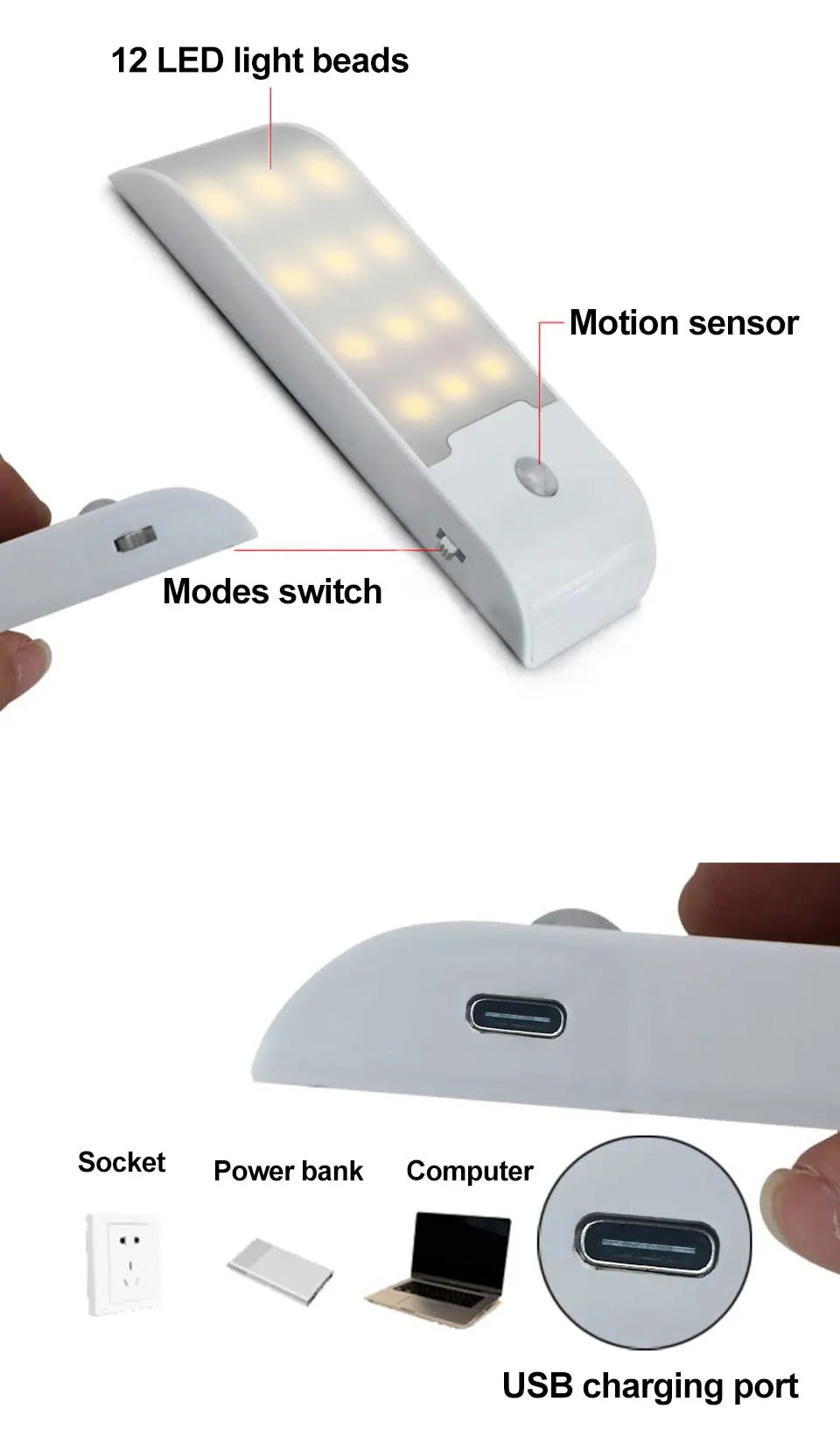12LED Night Light Motion Sensor Rechargeable USB LED Lamp for Corridor Bathroom Closet Kitchen Under Cabinet High Brightness