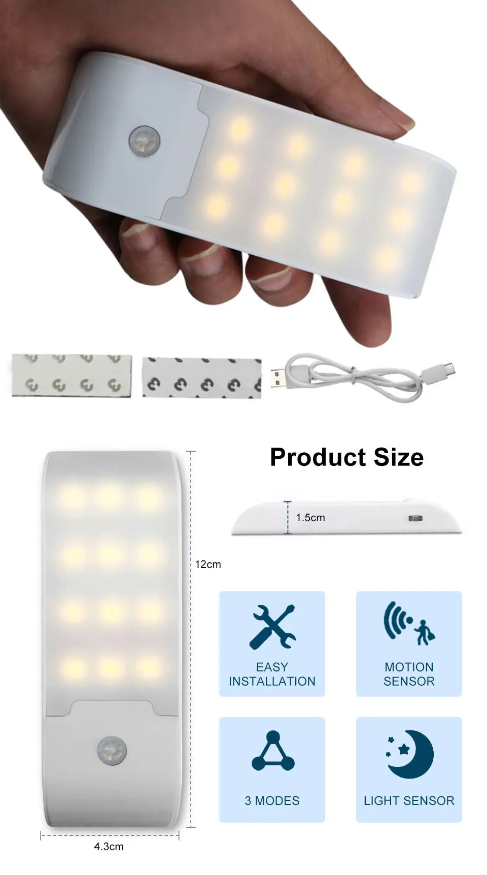 12LED Night Light Motion Sensor Rechargeable USB LED Lamp for Corridor Bathroom Closet Kitchen Under Cabinet High Brightness